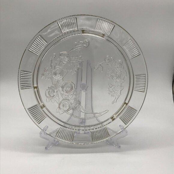 Federal Clear Glass Sharon Cabbage Open Rose Cake Plate, Floral Design & Ribbed - Picture 2 of 8